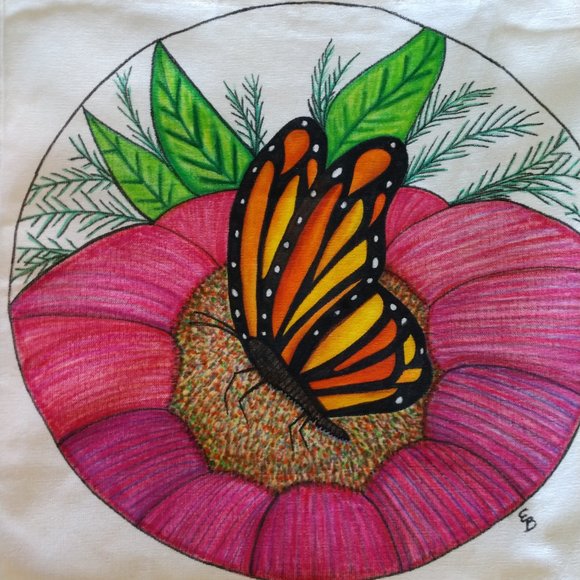 Handmade Reusable Tote Bag With Hand Painted Monarch Butterfly on a Pink Flower - Picture 6 of 16